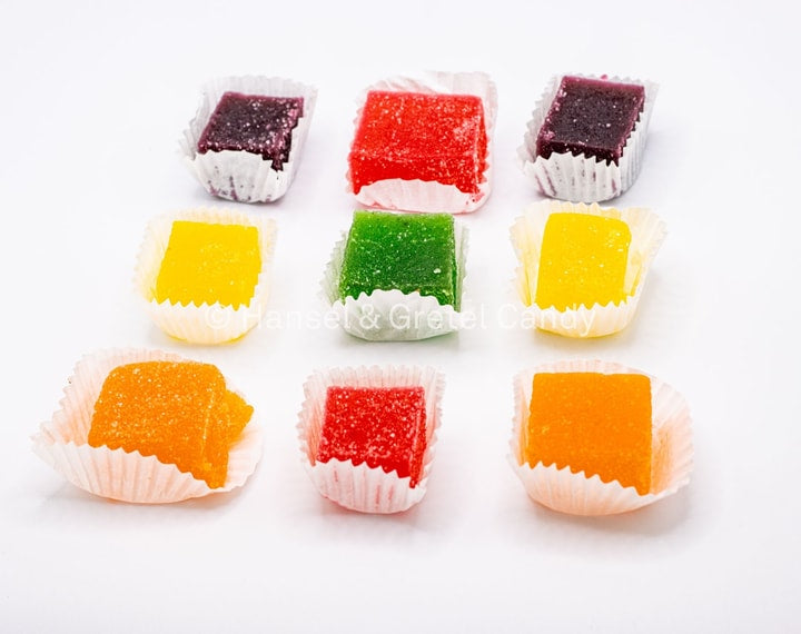 9pc Prepackaged Assorted Sanded Jellies in their wrappers,  2grape, 2 lemon, 2 cherry, 2 orange and 1 green apple, from Hansel and Gretel Candy Kitchen Helen Georgia