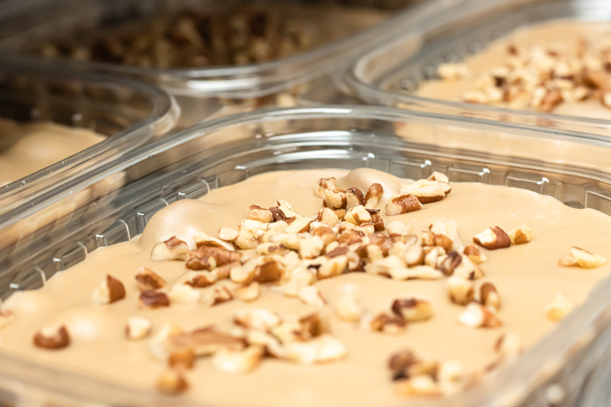 Vanilla Pecan Butter/Cream Fudge 1/2lb in plastic tubs top be sold at Hansel and Gretel Candy Kitchen Helen Georgia