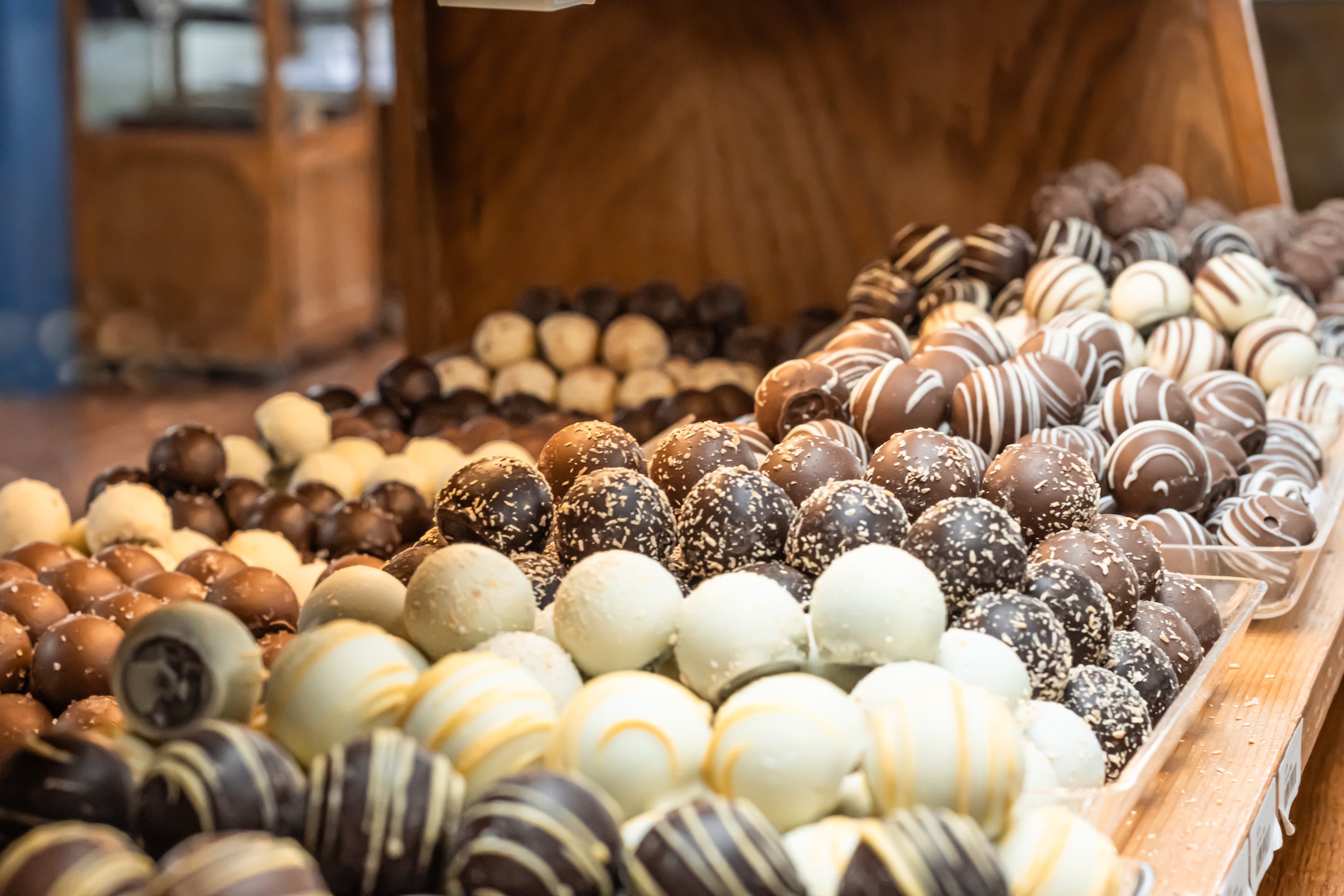 Chocolate Covered Creams sitting in a case at Hansel and Gretel Candy Kitchen Helen Georgia