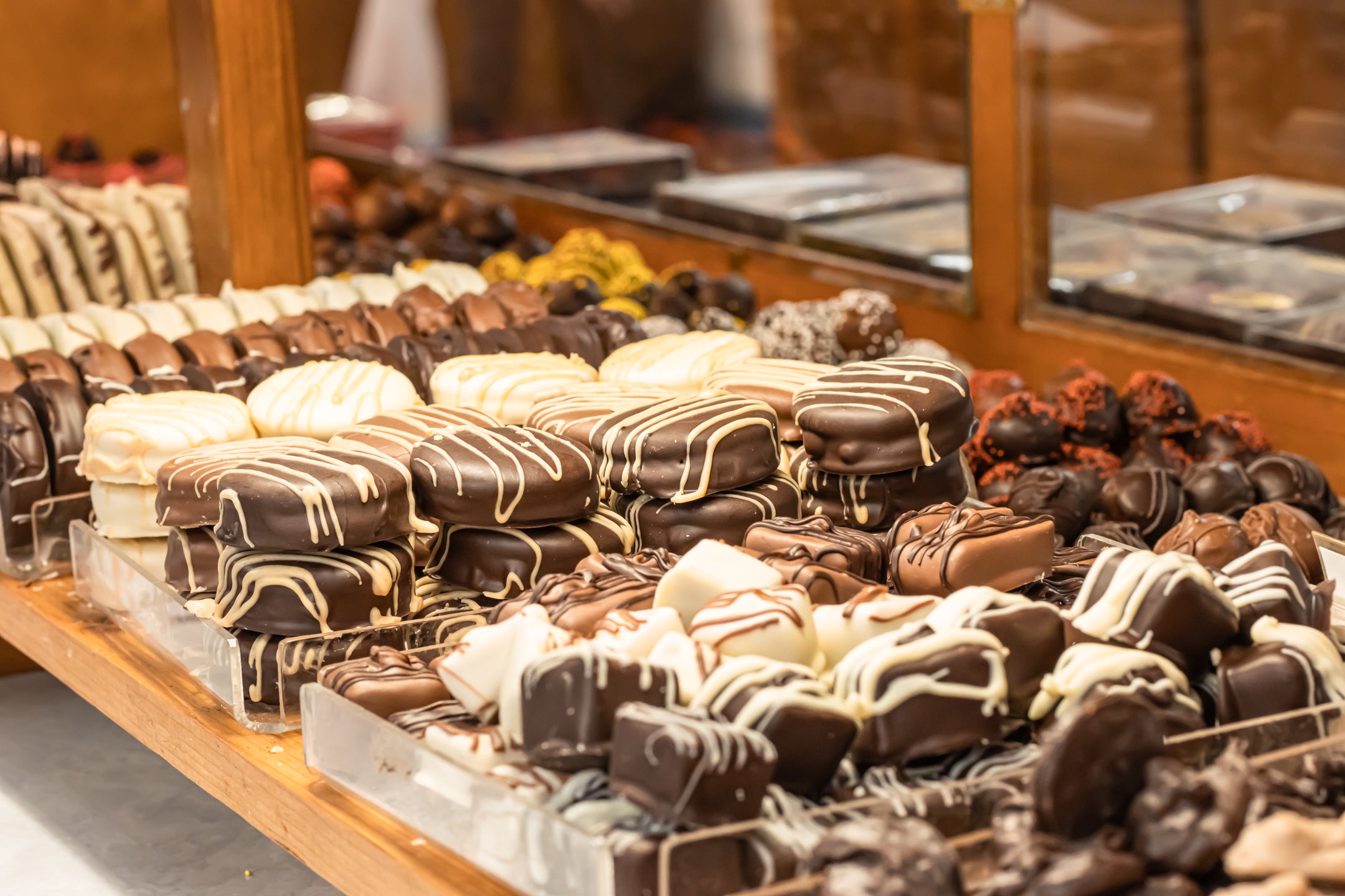 Chocolate Covered Oreos stacked up in a case at Hansel and Gretel Candy Kitchen Helen Georgia