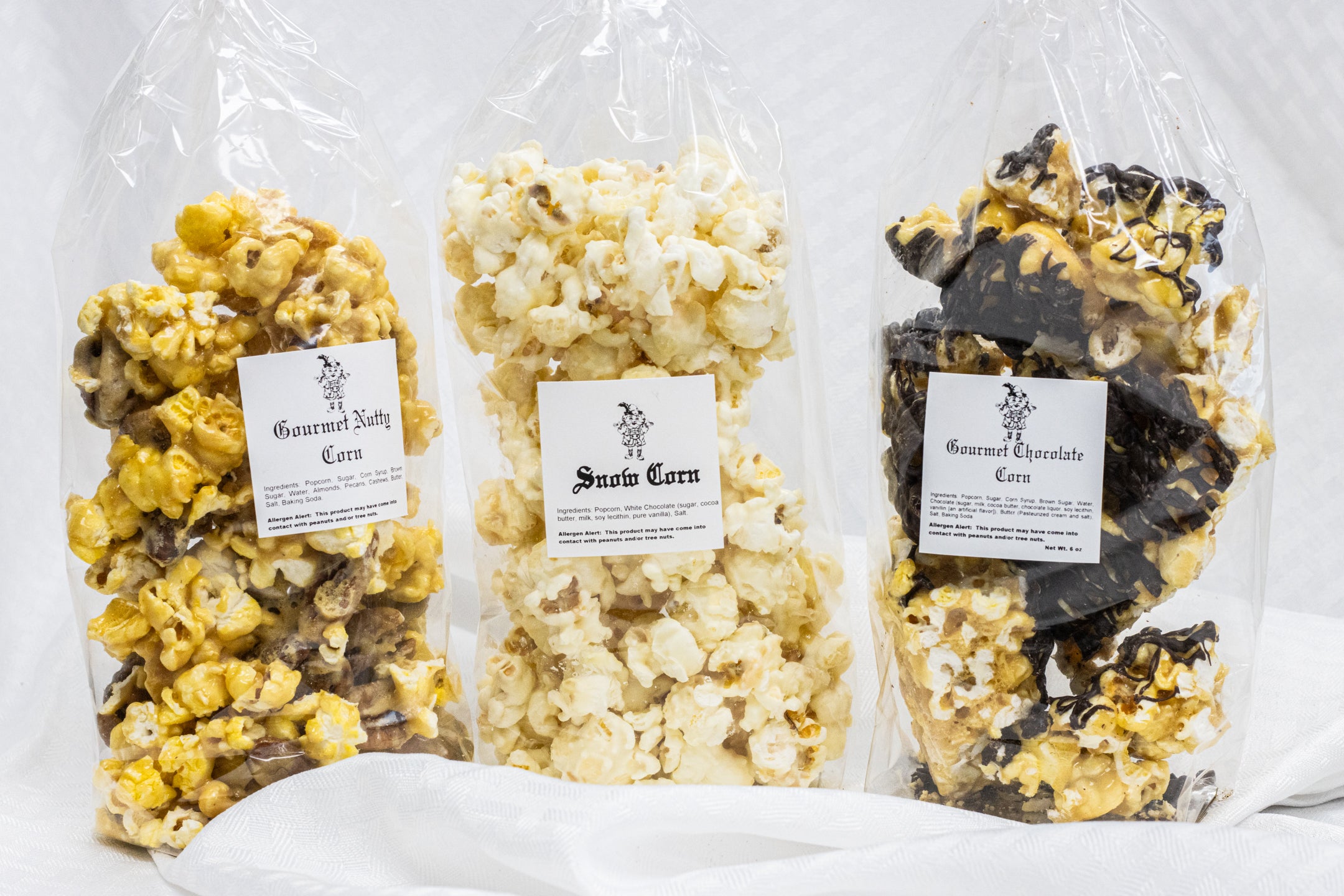 Gourmet Nutty Corn, Snow Corn and Gourmet Chocolate Corn in Bags from Hansel and Gretel Candy Kitchen, Helen Georgia