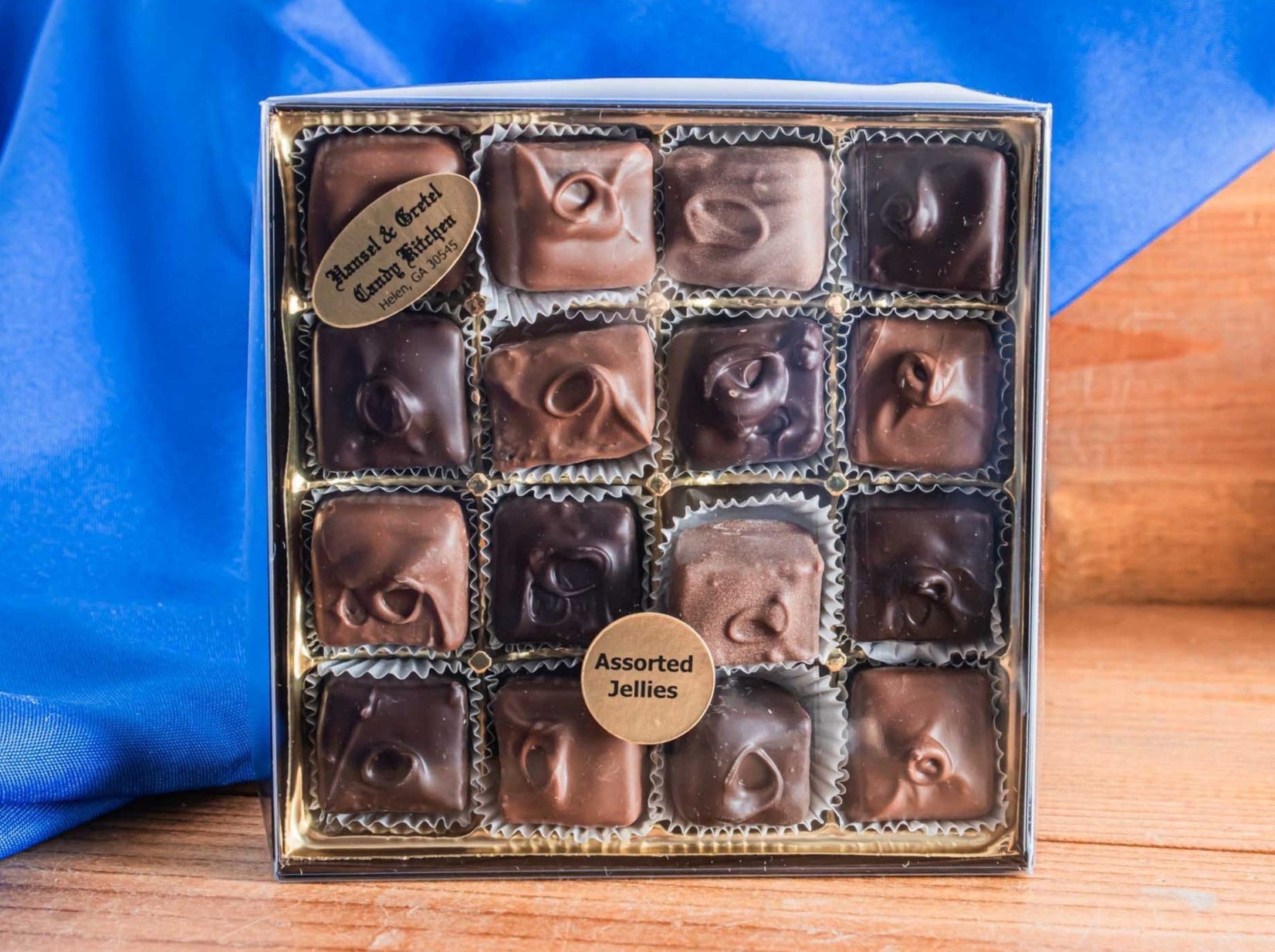 16pc Pre Packaged Assorted Chocolate Jellies, in a box with a clear top, Hansel and Gretel Candy Kitchen Helen Georgia