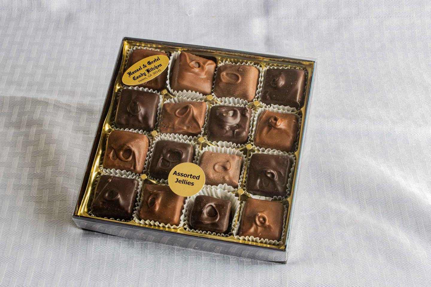 16pc Pre Packaged Assorted Chocolate Jellies, in a box with a clear top, Hansel and Gretel Candy Kitchen Helen Georgia