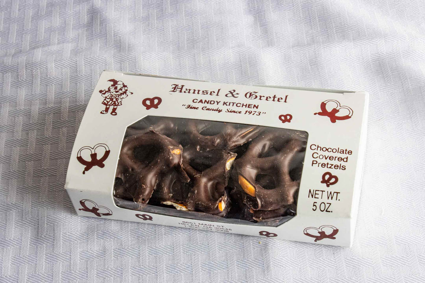 Hansel and Gretel Dark Chocolate Covered Pretzels Box from Hansel and Gretel Candy Kitchen Helen Georgia