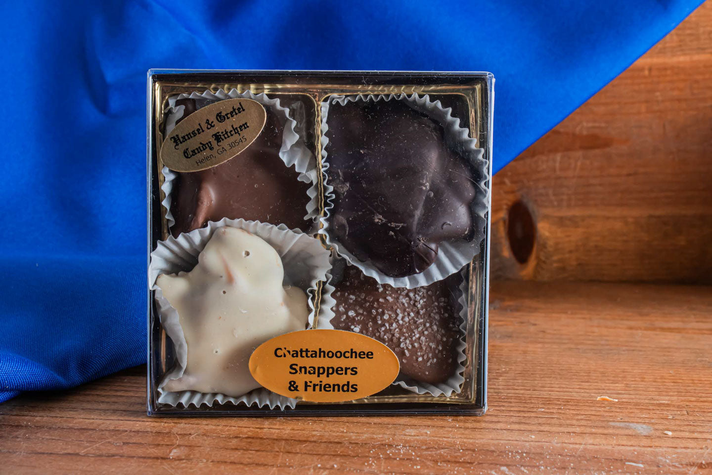 4pc Hansel and Gretel Chattahoochee Snappers and Friends Boxed with 1 Milk Chocolate, 1 Dark Chocolate, 1 White Chocolate and 1 Snapdragon snappers , Helen Georgia