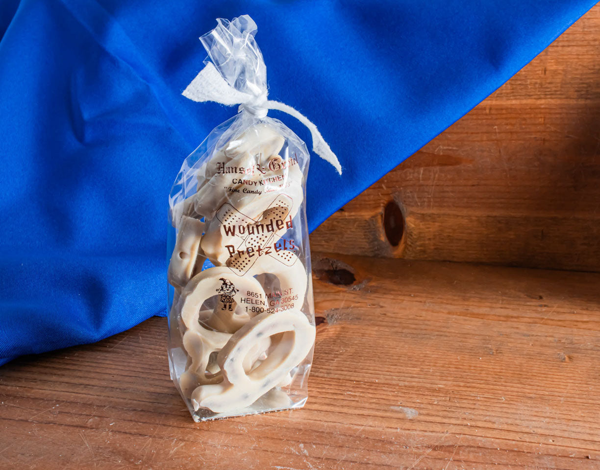 White Chocolate Covered Wounded Pretzels 4oz Bag from Hansel and Gretel Candy Kitchen Helen Georgia