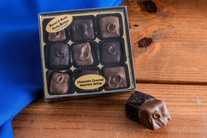 9pc Pre Packaged Assorted Chocolate Jellies Boxed on a wooden table, from Hansel and Gretel Candy Kitchen Helen Georgia