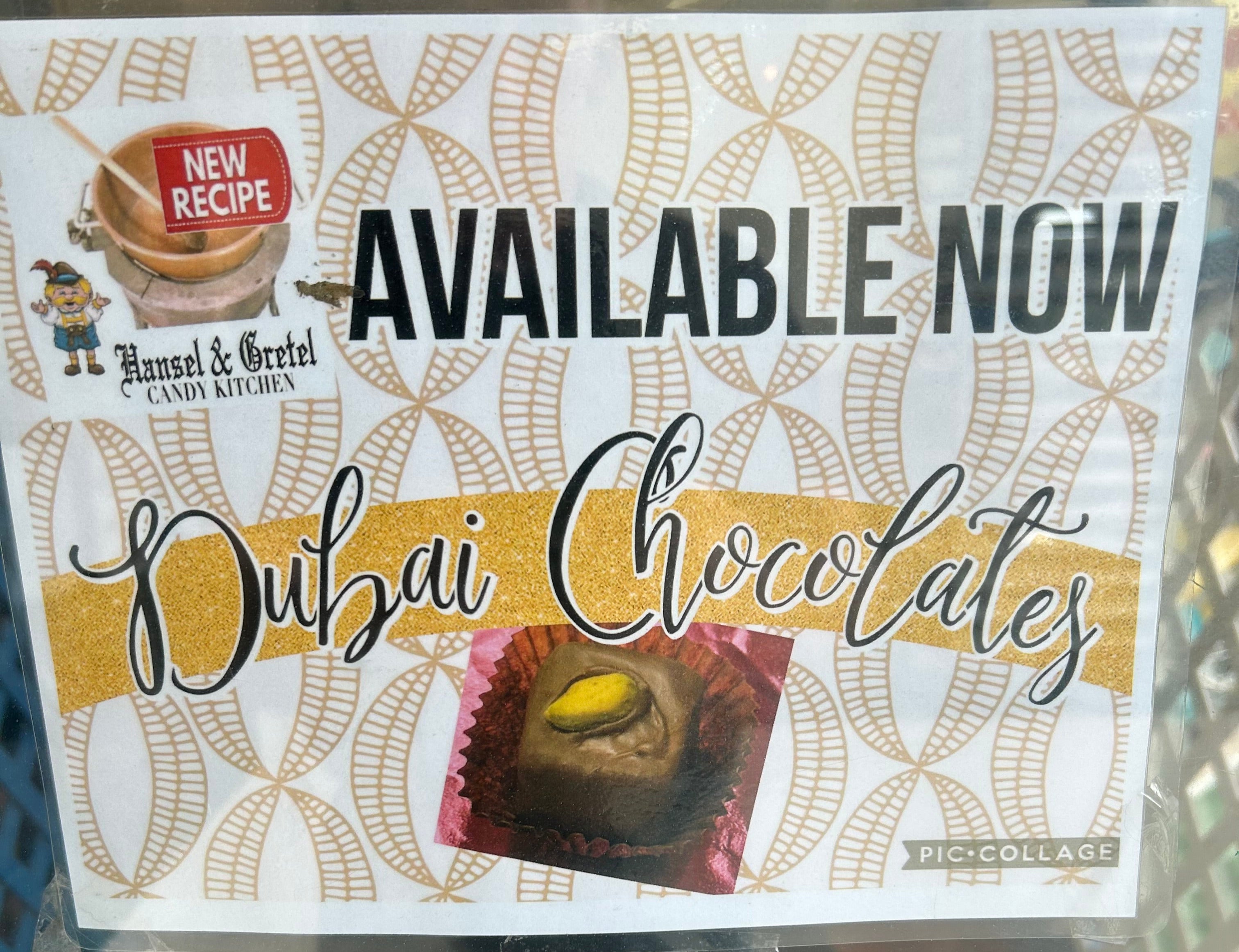 Dubai Chocolates with a chocolate product and text 'Available Now' on a decorative background.