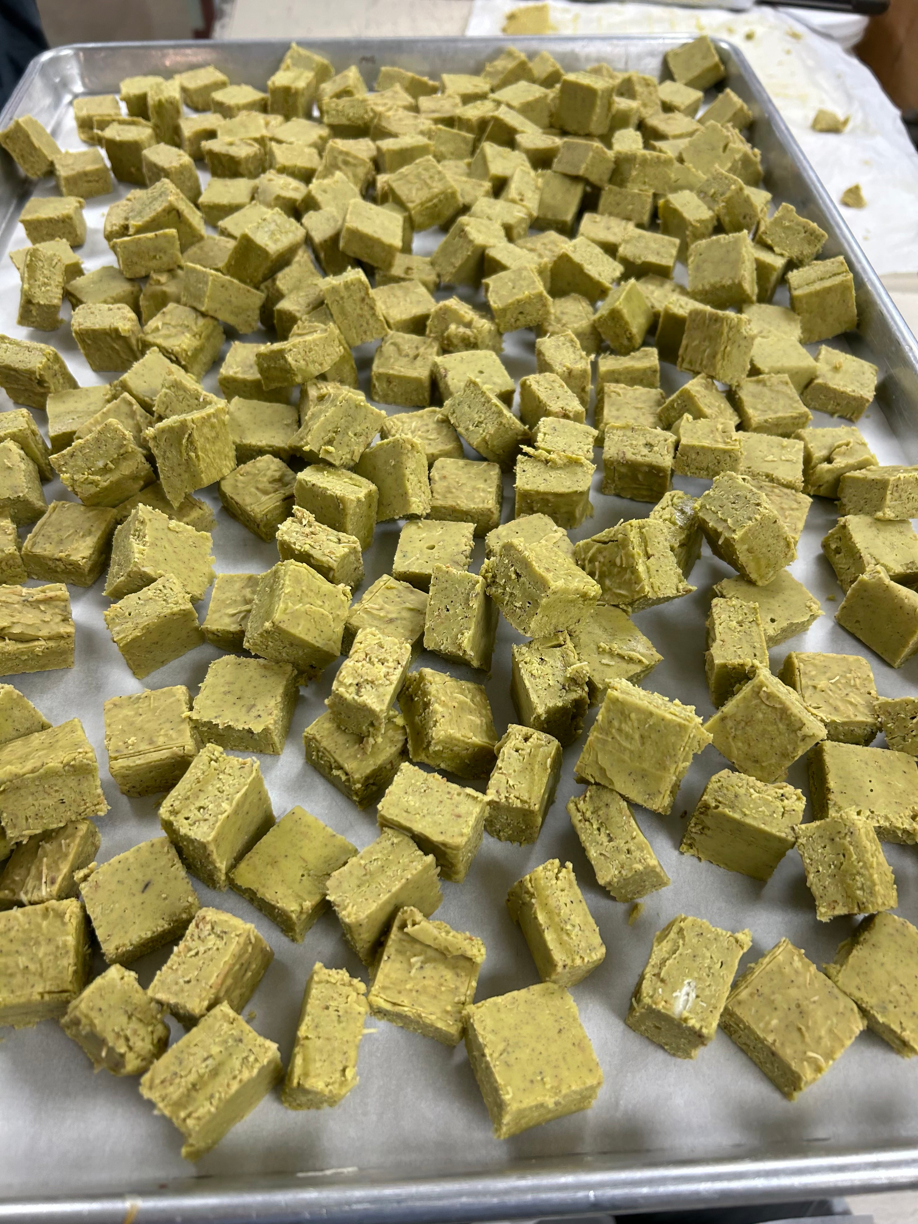 Cubed pistachio paste waiting to be covered in chocolate