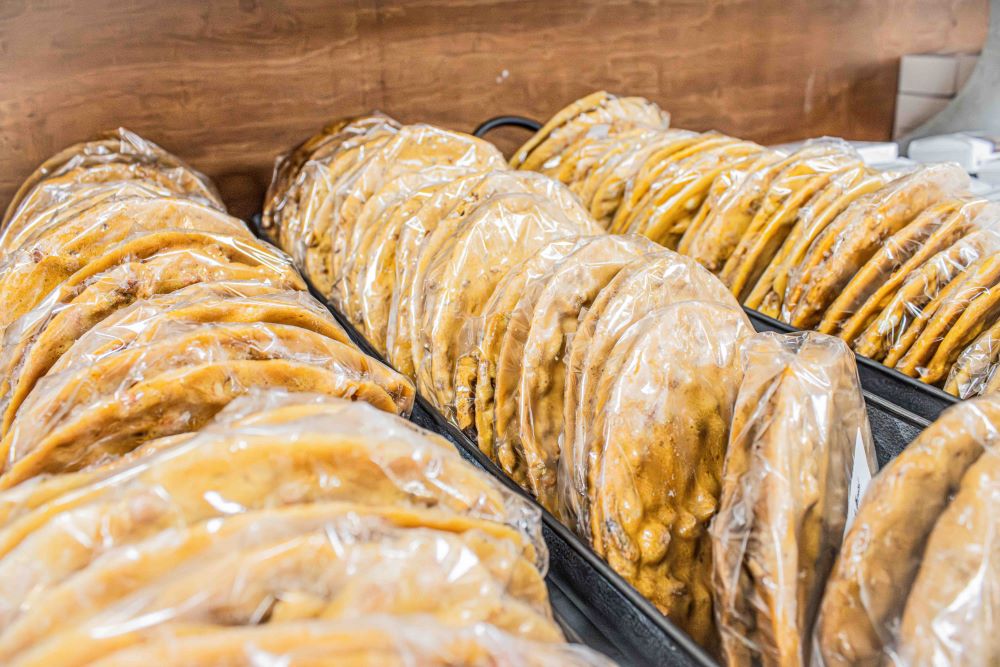 Whole Bear Brittle and Pecan Brittle in containers at Hansel and Gretel Candy Kitchen, Helen Georgia