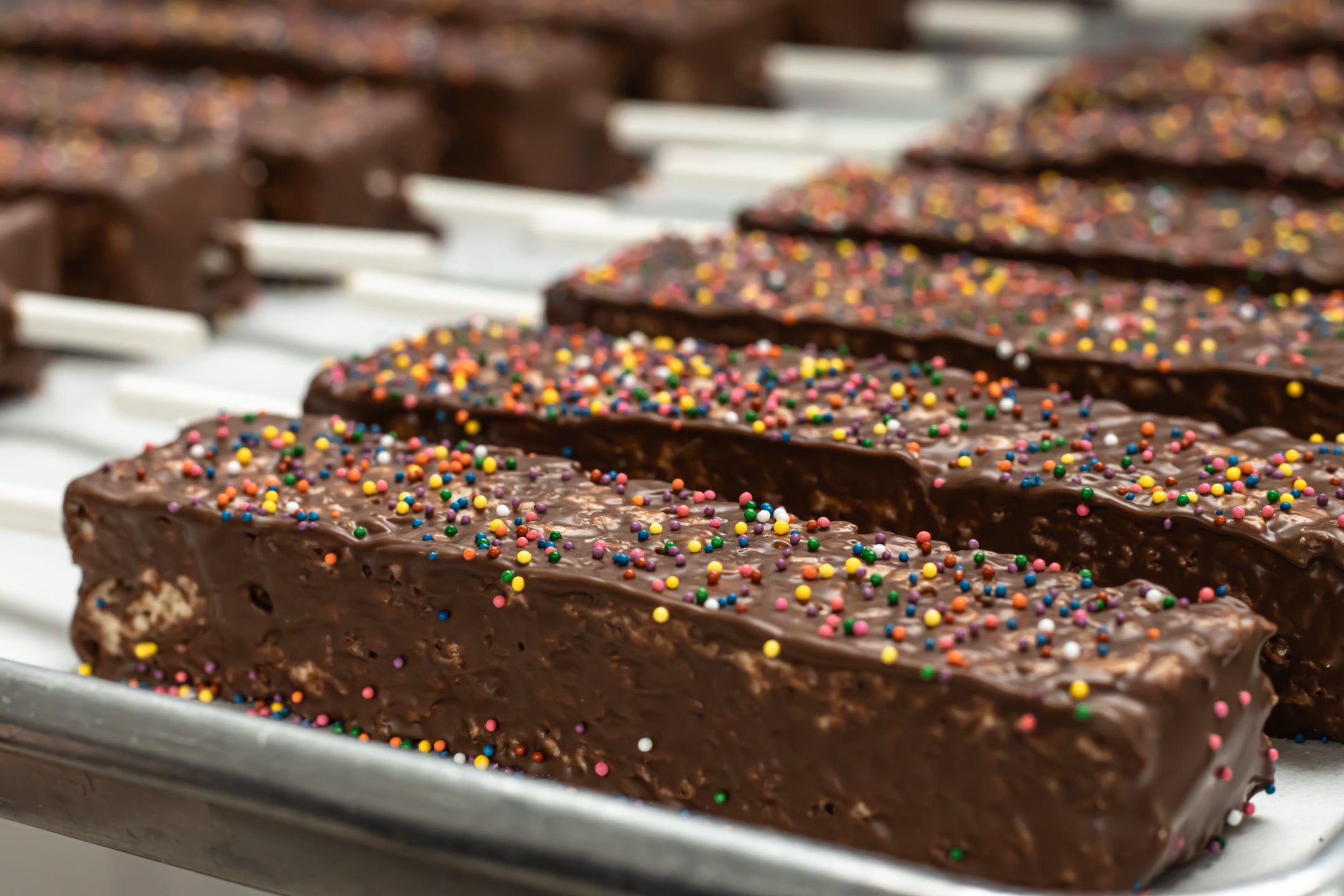 Chocolate Covered Rice Krispy Treats on a cooling tray at Hansel and Gretel Candy Kitchen, Helen GA
