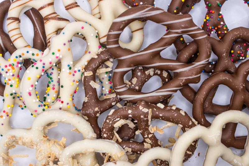 Close up for Assorted Chocolate Covered Pretzels from Hansel and Gretel Candy Kitchen Helen Georgia