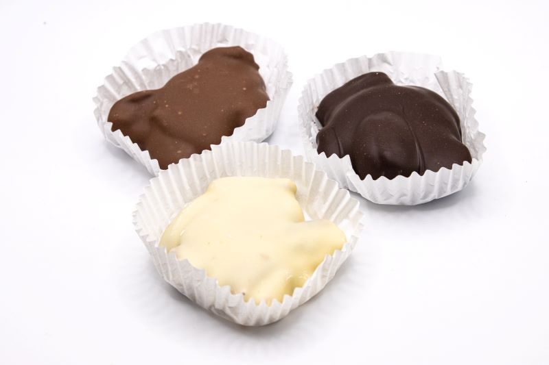 3 snappers in thier wrappers 1 milk chocolate, 1 white chocolate and 1 dark chocolate, from Hansel and Gretel Candy Kitchen Helen Georgia