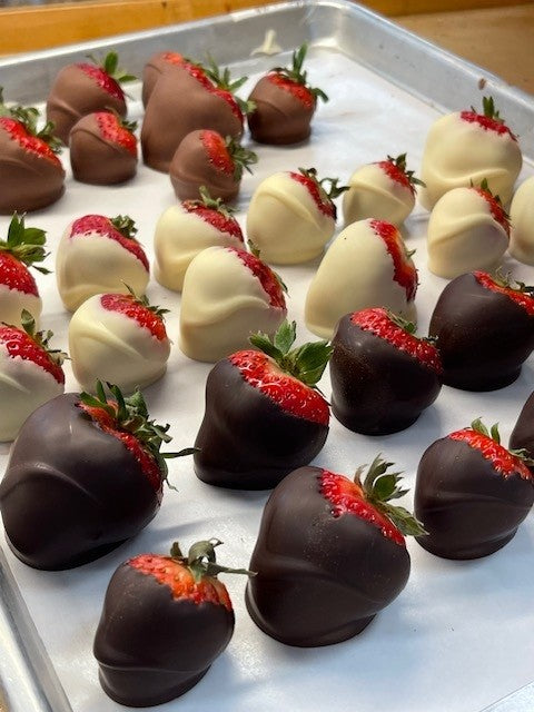 Chocolate Covered Strawberries on a cooling tray at Hansel and Gretel Candy Kitchen, Helen GA