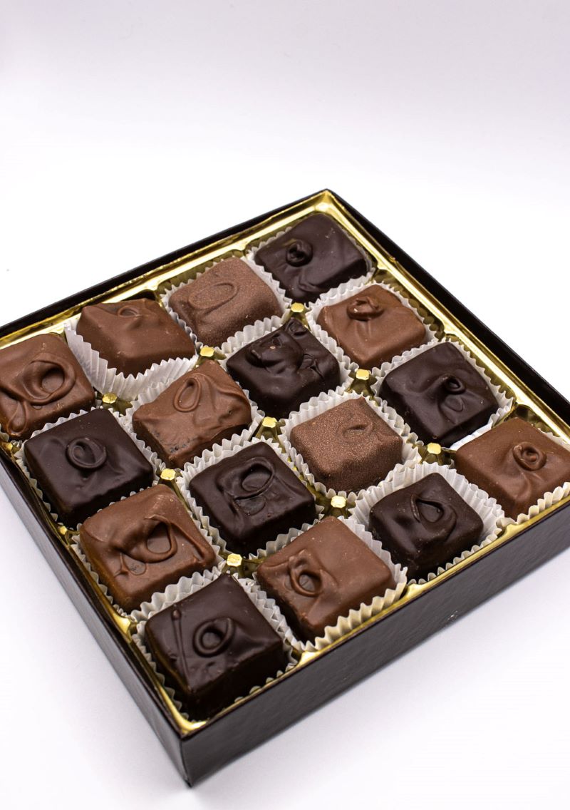 16pc Pre Packaged Assorted Chocolate Jellies, in a box with no lid, Hansel and Gretel Candy Kitchen Helen Georgia