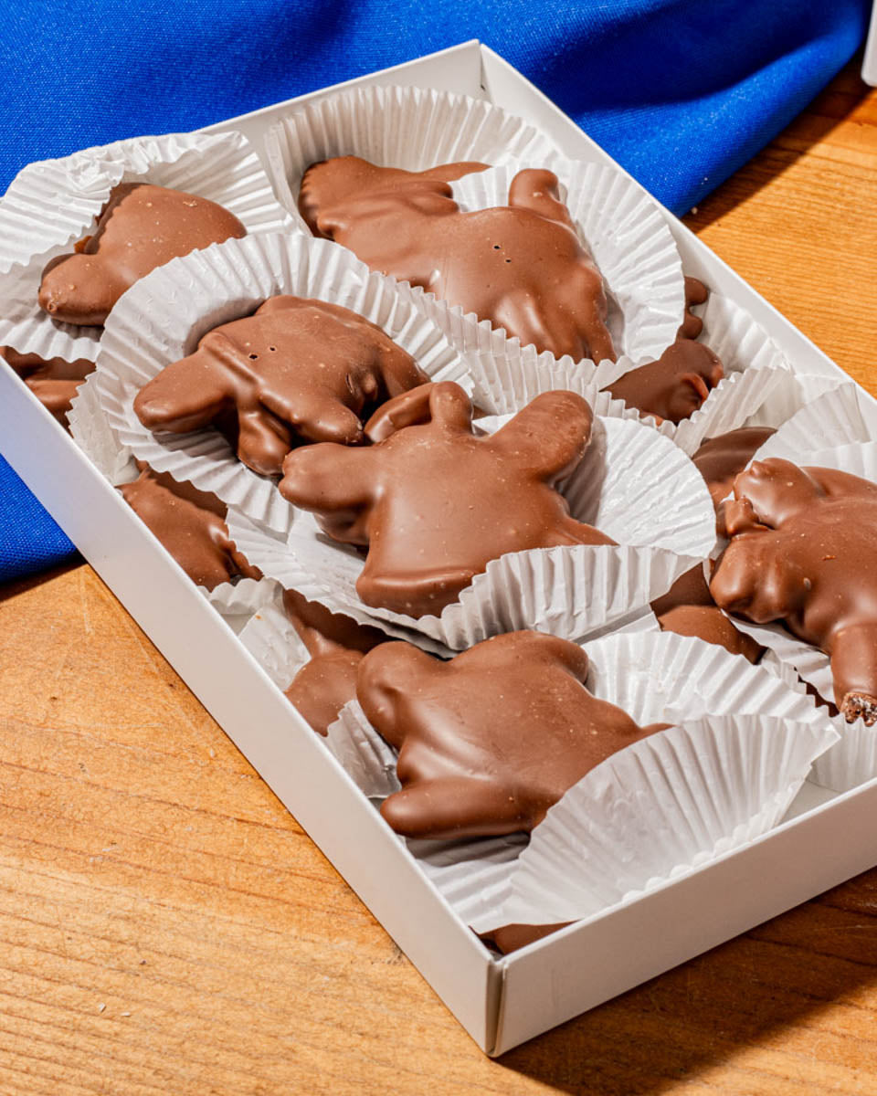 1/2lb Pre Packaged Assorted Snapper & Friends, box is open showing multiple chocolate snappers, Hansel and Gretel Candy Kicthen Helen Georgia