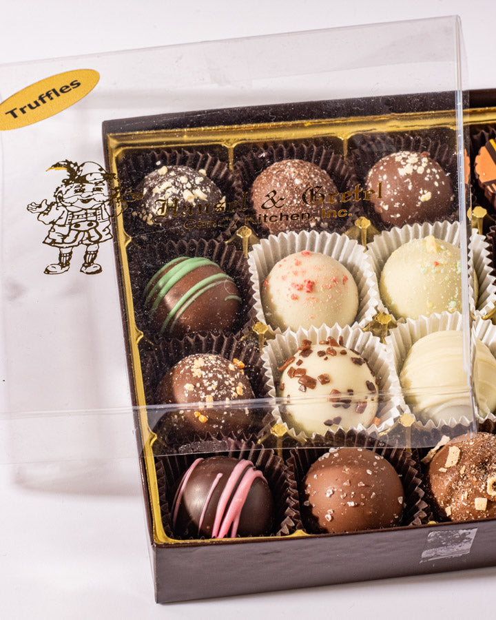 16pc Custom Truffle Box with the lid on the top of the box to the side from Hansel and Gretel Candy Kitchen Helen Georgia