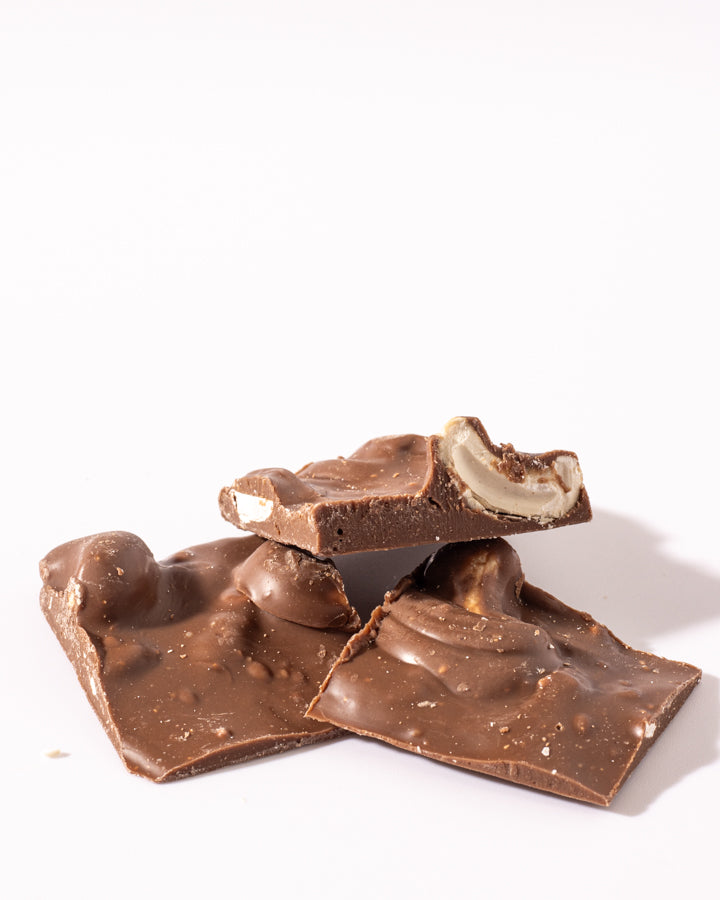 Milk Chocolate Cashew Bark in pieces, Hansel and Gretel Candy Kitchen, Helen Georgia