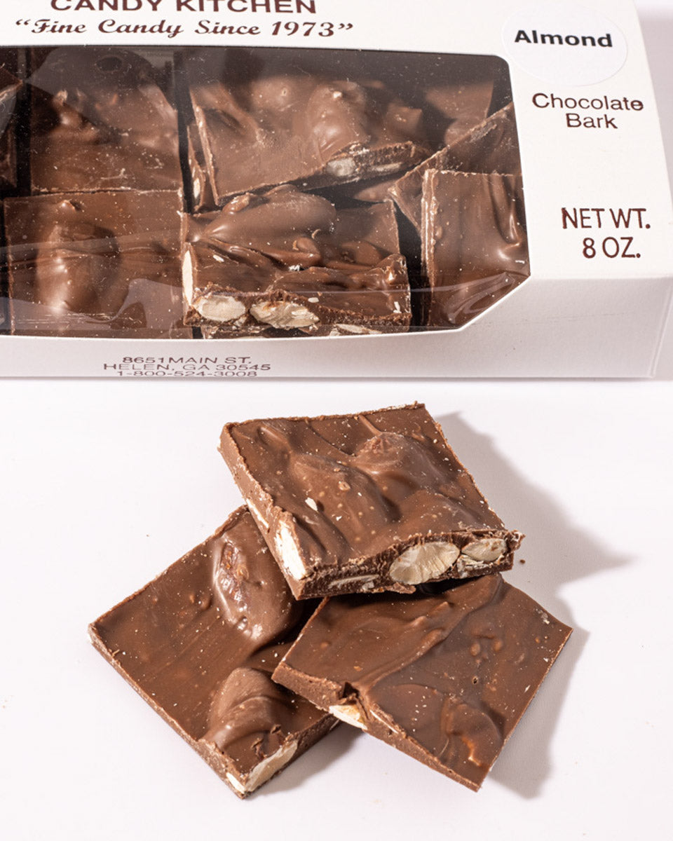 Almond Bark 8oz White Box on a wood table from Hansel and Gretel Candy Kitchen Helen Georgia