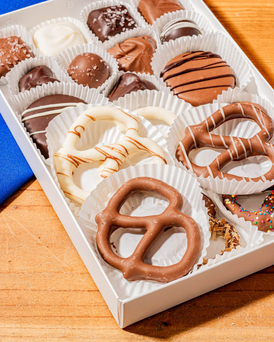 The Weekend Box with the lid removed showing an assortment of chocolates from Hansel and Gretel Candy Kitchen Helen Georgia