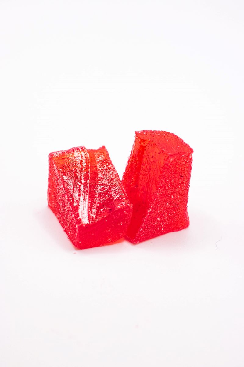 A Red sanded Jelly cut in half, from hasnel and gretel candy kitchen, Helen Georgia 
