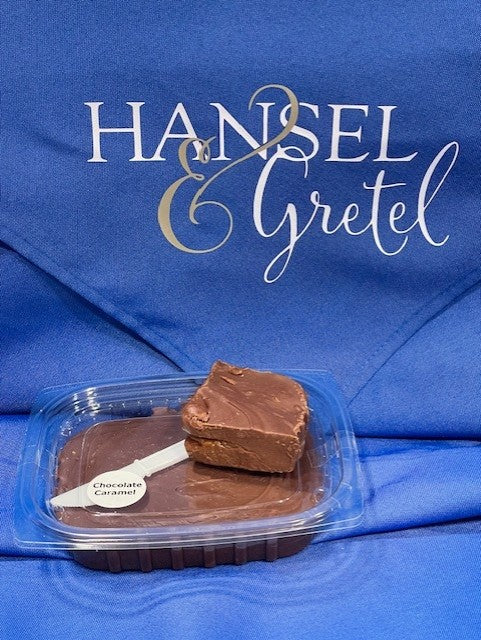 Chocolate Caramel Butter/Cream Fudge  1/2lb in a plastic container from Hansel and Gretel Candy Kitchen Helen Georgia